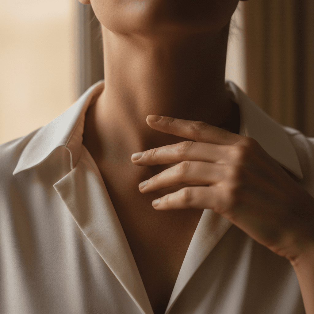 close up of throat area with hand gesture near collarbone