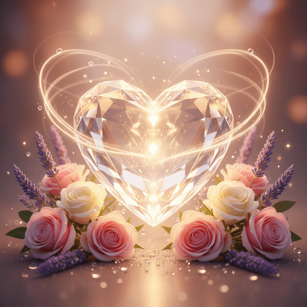 Glowing crystal heart with pastel floral motifs symbolizing love and gratitude.