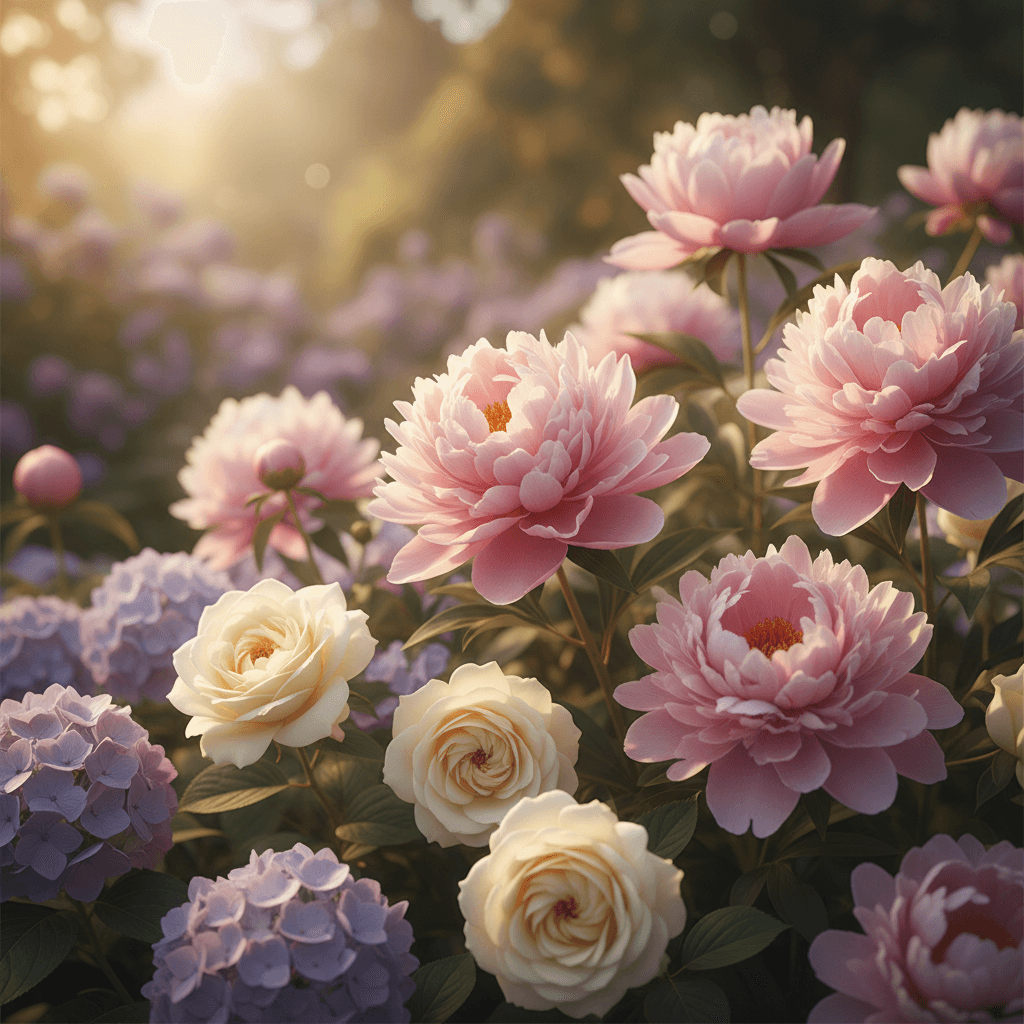 Beautiful blooming flowers with soft natural light and delicate petals