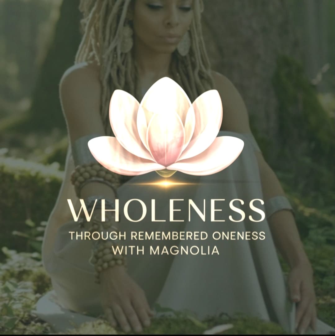Woman with dreadlocks in a forest behind a glowing lotus and text about spiritual wholeness.