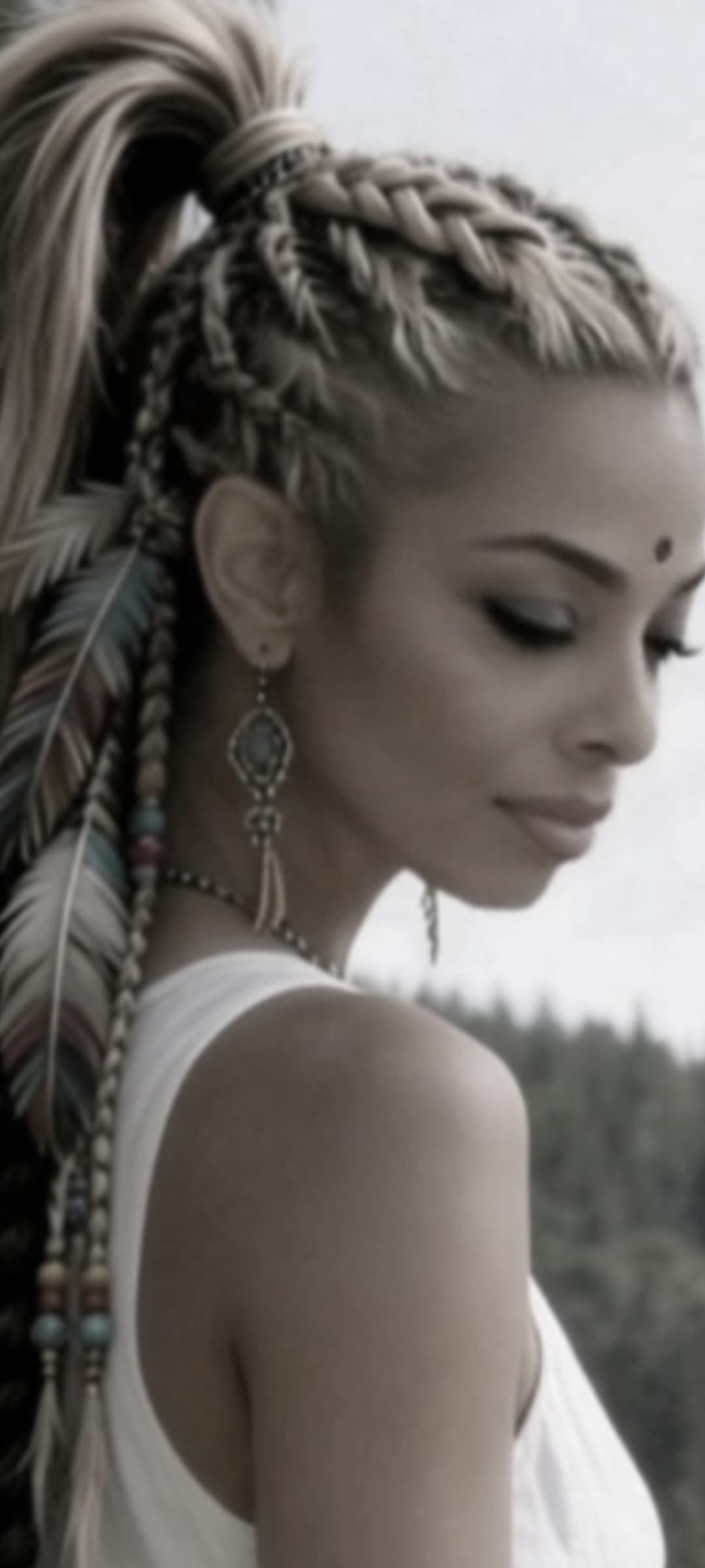 Woman with braided blonde hair, feathers, and a bindi, looking down against a forest background.